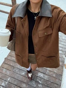 Muchica 女式秋季撞色翻领长袖单排扣多口袋休闲夹克 - 棕色 - 查看 1