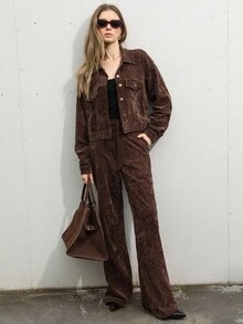 Aveloria Modichic 2 件套女士复古硬币设计羊毛夹克和休闲裤套装，简约欧式风格，秋冬 - 棕色 - 查看 2