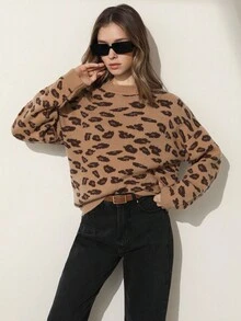 GENKIRA Women's Casual Raglan Knit Crew Neck Leopard Print Pullover Sweater Fall Winter Cloth For Women - Multicolor - View 6