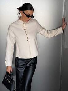 Siren Gaze Abrigo de mujer con cuello alto, botones de metal, unicolor, manga raglán y botones delanteros, de moda para otoño/invierno - Albaricoque - Ver 11