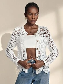 Almamuse White Embroidered Hollow Out Round Neck Casual Jacket For Women - White - View 4