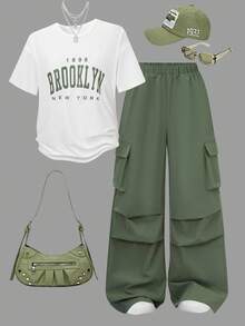 2件套少女简约印花短袖上衣和短裤套装 - 綠色 - 查看 3