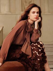 Savoree Women High Collar Long Sleeve Tie Neck Elegant Chic Office Top, Butterfly Decor Blouse