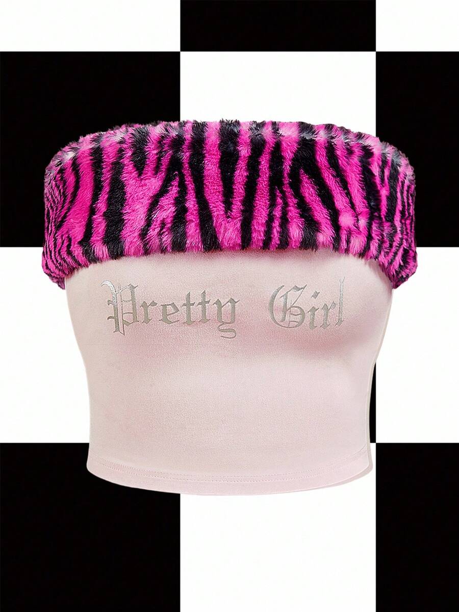 Y2Kool BiGraphic 毛绒斑马纹、动物纹、箔面、性感、酷炫、Y2K风休闲女式短款毛绒上衣，适合秋冬季、度假、夜店、聚会、派对、日常穿着。粉色猎豹纹、粉色针织衫、粉色抹胸、粉色豹纹、粉色Y2K风上衣、印花上衣，时尚服装系列，新年穿搭。 - 粉色 - 查看 1