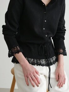 FRIFUL Women's Casual Lace Patchwork Drawstring Crew Neck Loose Hem Cardigan Black Lace Cardigan Lace Sleeve Cardigan Black Cardigan With Lace Black Lace Top Lace Trim Cardigan - Black - View 8