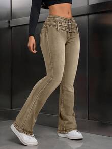 SHEIN Tall Double-Waistband Skinny Pocket Casual Jeans - Khaki - View 4