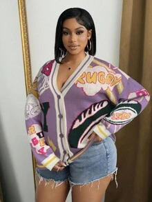 Slaydiva Áo khoác cardigan dệt kim dài tay cổ chữ V màu xanh ô liu cỡ lớn, kiểu dáng thường ngày và đường phố, phù hợp cho phụ nữ cỡ lớn vào mùa thu/đông. - Màu tím - Xem 3