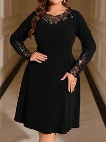Gownix Plus Size Women's Black Round Neck Long Sleeve Lace Patchwork & Rhinestone Embellished Dress, Fashionable For Party Fall Clothes For Women  Fall Clothes Plus Size  Women's Fall Clothes  Fall Dress Fall Dresses For Women Fall Clothes For Women Autumn Clothes For Women   Going Out Outfit Tops For Going Out  Going Out Dress - Black - View 3