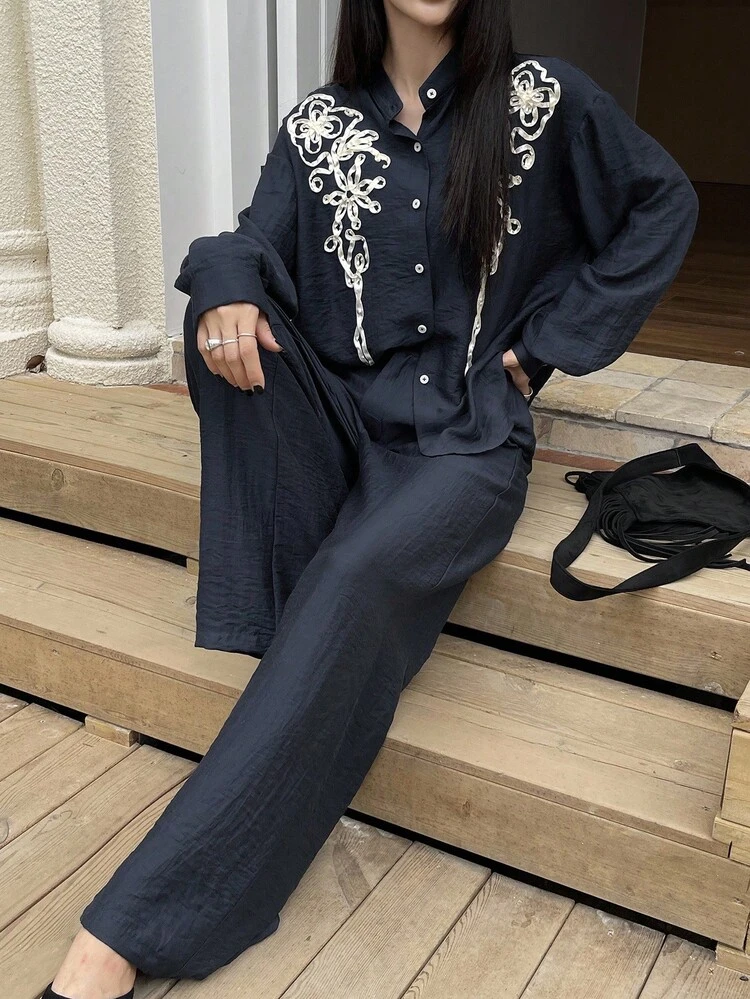 Women's Casual Lace Decor Shirt And Wide Leg Pants 2 Pieces Set, Autumn Lounge Sets For Women