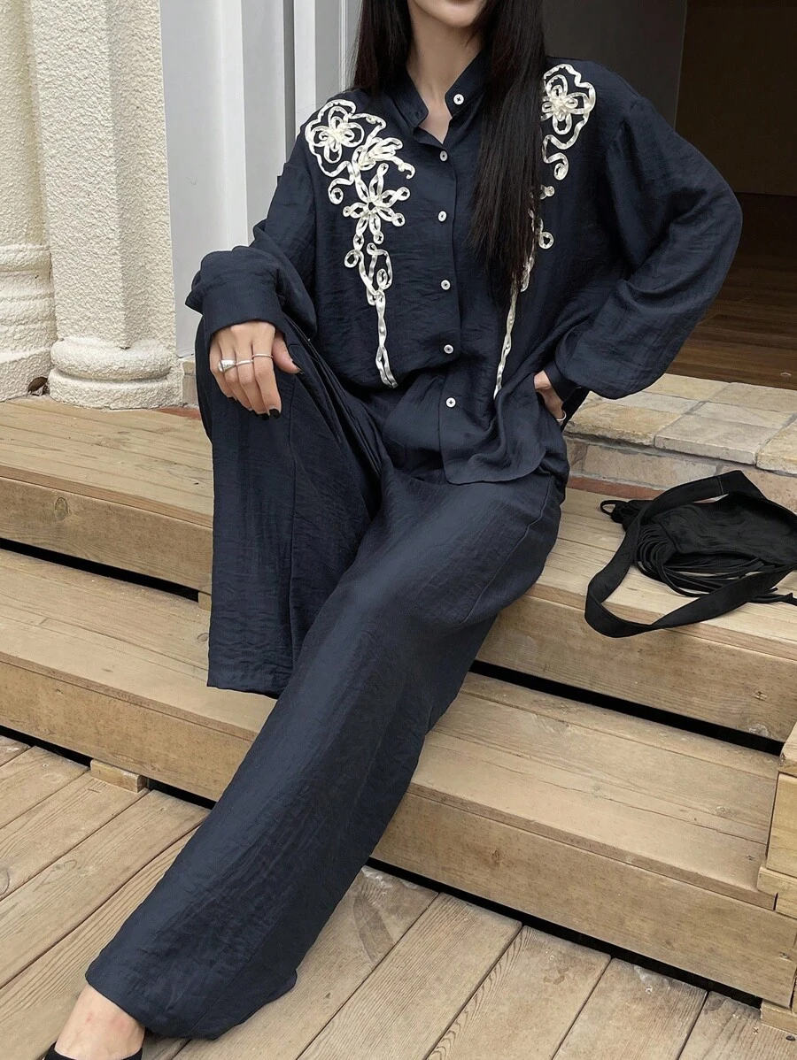 DAZY Women's Casual Lace Decor Shirt And Wide Leg Pants 2 Pieces Set, Autumn Lounge Sets For Women - Navy Blue - View 1