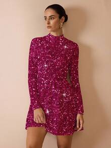 Shutterstock Glamance 休闲简约女装连衣裙，适合秋冬季紫色紫色闪光连衣裙闪亮连衣裙 - 粉色 - 查看 5