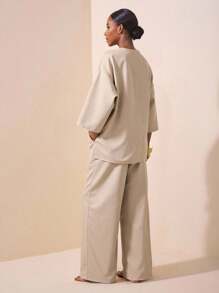 Zivah 2025 New Music Festival & Graduation Series, Collegiate Style, Student Wear, Versatile Daily Casual, Vacation, Beach, Sunbathing, Street Fashion V-Neck Apricot Linen Long Sleeve Shirt And Wide Leg Pants 2Pcs Set - Apricot - View 2