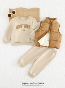 Cozy Pixies 3pcs Baby Boy Thickened Cotton Vest, Soft Letter Print Crew Neck Long Sleeve Hoodie, And Thermal Lined Pants With Cuffs Set Baby Set Autumn Winter Season Mocha Baby Clothes Baby Clothes Neutral Baby Boy Beige Outfit Fall - Multicolor - View 7