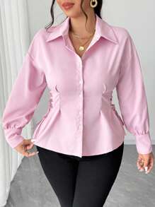 Viva Relle Plus Size Women Elegant Solid Color Side Cross Tie Design Collar Versatile Long Sleeve Blouse - Pink - View 5