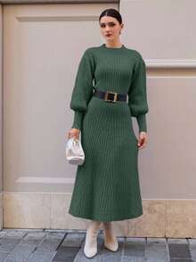EURMUSE Abito maxi in maglia con maniche a palloncino e orlo a linea A - Verde militare - Visualizzare 5