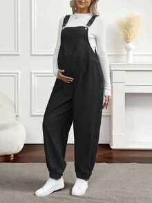 SHEIN Peto vaquero de maternidad de unicolor casual con bolsillo en diagonal y cordón ajustable - Negro - Ver 4