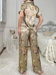 LuxeNights Silk-Like Flower Print Notched Collar Pajama Set - Champagne - View 2