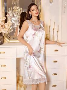 SHEIN LuxeNights 蕾丝边仿丝圆领女式睡袍 - 彩色 - 查看 5