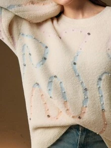 Anewsta 女士彩色条纹休闲毛衣，柔软舒适的串珠圆领针织上衣，适合女性在秋季、冬季、夏季、春季、新年、派对、婚礼等场合穿着，优雅、时尚、别致、商务休闲皆宜。 - 米色 - 查看 3