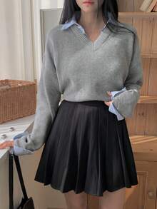 DAZY V领二合一衬衫领套头衫，宽松复古休闲风，灰色，秋冬，适合万圣节 - 灰色 - 查看 4