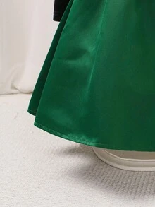 Glamorique Kids Young Girl Autumn/Winter New Velvet Patchwork Satin Design V-Neck Bow Elegant Party Long Sleeve Dress,Christmas Dress Fall - Green - View 5