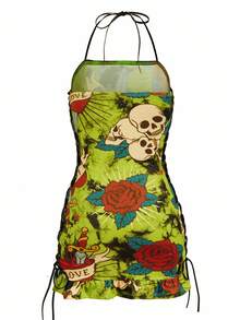 Shutterstock Y2Kool Tie-Dye, Neon Green, Ombre, Skull, Heart, Rose, Old School Print, Halloween, Lace-Up, Dark, Streetwear, Y2K, Baddie, Casual Women's Bodycon Mini Dress, Suitable For Summer, Autumn, Vacation, Gathering, Party, Daily Wear Skull Dress Graphic Dress Punk Dress Y2k Dress Sexy Dress - Multicolor - View 2