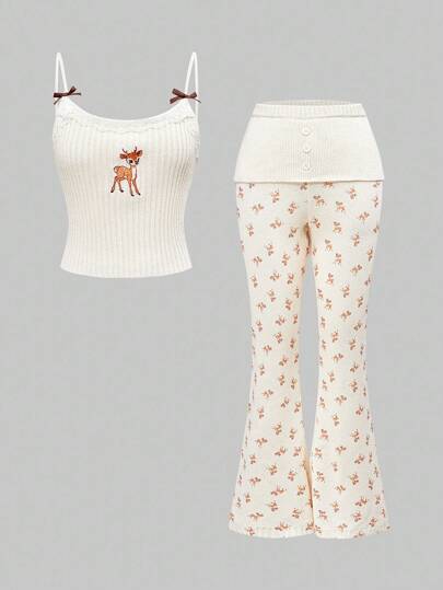 Fairycore Y2K Cute Deer Embroidery Camisole + Allover Deer Print Knit Pants 2 Pieces Set