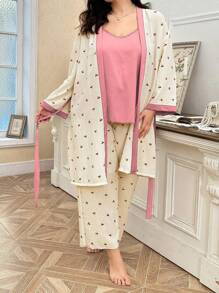 CottageSlumber Plus Size 2pcs/Set Contrast Color Cherry Print Camisole & Robe Loungewear Set, Cozy And Elegant Details, Fall Clothes - Pink - View 6