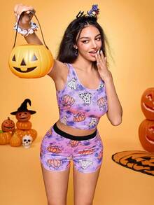 Notgurli Y2K Playful Girl Ghost 扎染印花背心和短裤女式睡衣套装，万圣节 - 彩色 - 查看 3