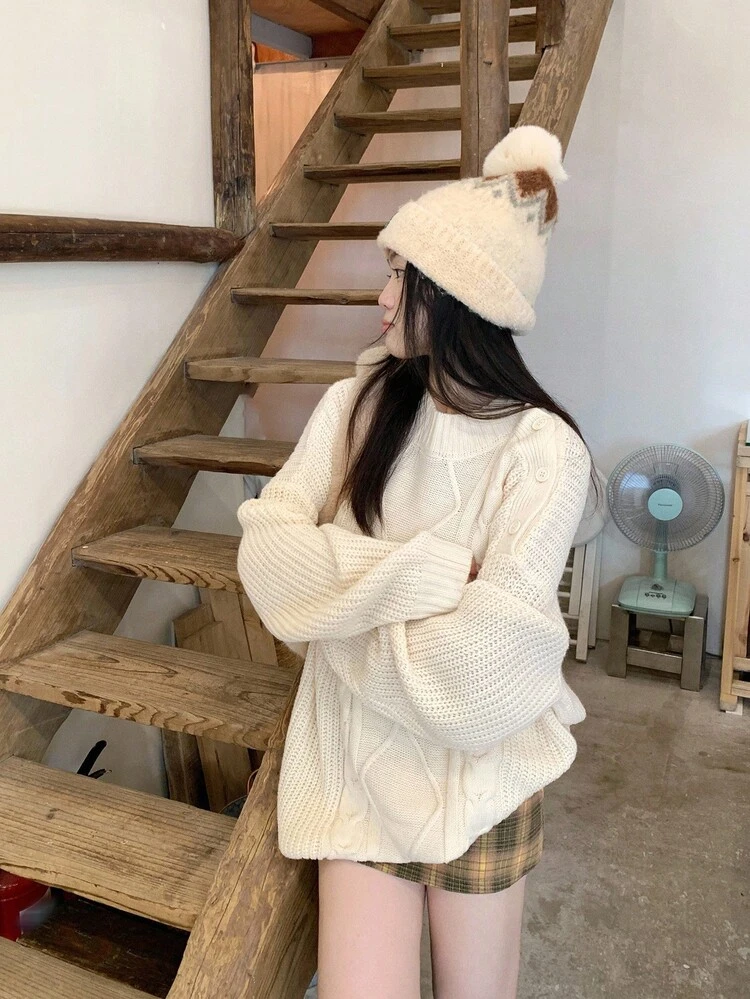 Women's Korean Style Solid Color Cable Knit Twist Long Sleeve Sweater, Autumn/Winter