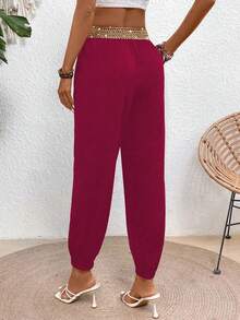 SHEIN LUNE Pantalones bombachos de talle alto con adornos metálicos para mujeres - Burdeos - Ver 2