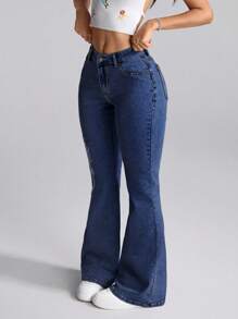 Slaydiva Quần jeans ống loe thêu cạp cao thường ngày cho nữ cỡ lớn - Màu xanh lam - Xem 5