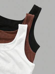 Tseoso 3pcs/Set Casual Slim-Fit Women's Camisole Tops, Black, White & Brown, 95% Cotton, Suitable For Summer, Vintage, Cute Summer Tops, Softgirl, Summer Outings, Home, Back To School, Fall Women Clothes, Versatile 3 Pack Crop Tops Basic Crop Tops Tight Fitting Crop Tops Crop Tank Tops Brown Crop Top