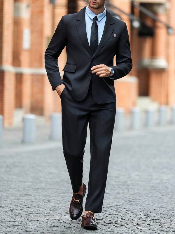 Manfinity Bizformal Traje de negocios casual para hombres, solapa entallada, bolsillo en el pecho con decoración de acento de color, adecuado para ir al trabajo, al aire libre, bodas, fiestas, conjunto de 2 piezas, chaqueta y pantalones. Traje negro casual para hombres, ajuste slim, chaqueta y pantalones, conjunto elegante para hombres