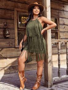 SHEIN LUNE Váy dự tiệc Boho không tay cổ yếm phong cách Hippie Rock dành cho nữ cỡ lớn lễ hội âm nhạc phương Tây - xanh quân đội - Xem 5