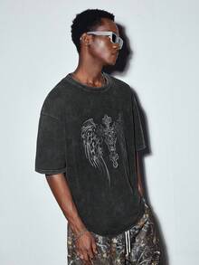 MODCRASH 男士夏季翅膀印花圆领落肩袖休闲做旧水洗T恤，街头风，哥特风，图案T恤，春夏款 - 黑色 - 查看 6