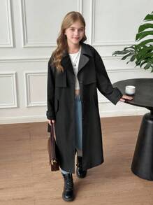 SHEIN Serisse Kids 青少年女孩编织休闲百搭时尚腰带翻领蝴蝶结口袋宽松长款风衣，休闲军装风格，通勤和户外，返校，母子装 - 黑色 - 查看 12