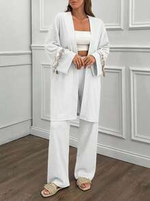Women, Spring, Summer, Two Set, Kimono, Pant, Trims, Tassel, Elastic Bant, Comfortable, Crinkle Fabric - White - View 3