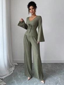 Elenzga 秋季新款法式复古针织纹理弹力褶皱休闲日常V领抽绳修身喇叭长袖T恤+直筒阔腿裤两件套女 - 軍綠色 - 查看 4