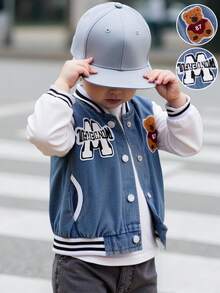 SHEIN 男婴街头风格休闲夹克，牛仔布和针织面料拼布，刺绣贴布设计，罗纹袖口 - 中等水洗藍 - 查看 3