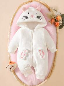 Newborn Baby Plush Embroidered Cat Jumpsuit White & Pink Contrast Color, Cute & Fun, Thermal Lined Thick, Front Zipper Closure, Suitable For Autumn/Winter Wear, Indoor, Outdoor, Photography, Birthday Party, 0-9M Fall - Beige - View 3