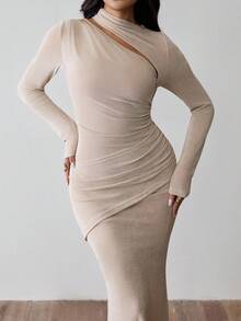 Chiquease Women's Elegant Ruched Waist Side Slit Long Sleeve Bodycon Dress, Autumn/Winter Fall Cloth For Women - Khaki - View 5