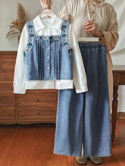 Vintaside Kids 青少年女孩秋季无袖短款牛仔背心搭配简约休闲长袖衬衫和水洗牛仔裤套装，适合旅行、度假和日常休闲穿着