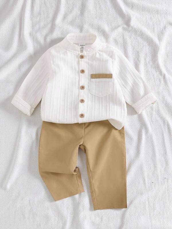 SHEIN Vintaside Kids Set de 2 piezas: Camisa de manga corta con cuello alto y botones, bolsillos, y pantalones cortos de cintura elástica para bebés niños, estilo casual, vintage, suelto y cómodo para verano