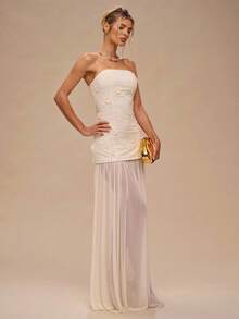 SHEIN BAE 杏色无袖甜心领纹理 3D 刺绣网眼下摆优雅连衣裙，适合优雅场合、生日、伴娘、婚礼宾客 - 杏色 - 查看 3