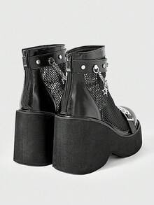 Sugerpunk Women's Fashion Thick-Soled Wedge Heel Ankle Boots, Gothic Star Metal Chain Double Strap Buckle Back Zipper, Black Punk Style Thick-Soled Wedge Heel Ankle Boots - Black - View 14