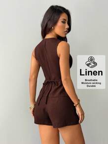 SHEIN PETITE 女士腰部套装优雅休闲两件套短套装女亚麻两件套棕色两件套女女士夏季两件套棕色 - 棕色 - 查看 2