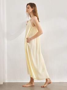 Ocili 休闲女士舒适天然亚麻简约细肩带长裙，家居服假日季 - 卡其色 - 查看 4