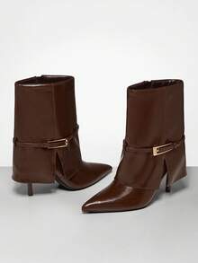SHUZIA Botas de media pantorrilla con puntera puntiaguda, hebilla de metal y diseño plegable, glamorosas y sexys para mujeres - Marrón Chocolate - Ver 8