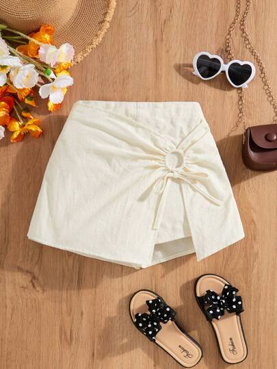 SHEIN Falda-pantalón informal de unicolor con efecto cruzado para niñas preadolescentes para primavera y verano